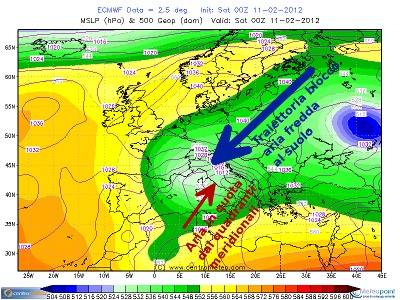 Mappa di analisi dell'11 Febbraio 2012 ore 00UTC: situazione al suolo e a 500hPa